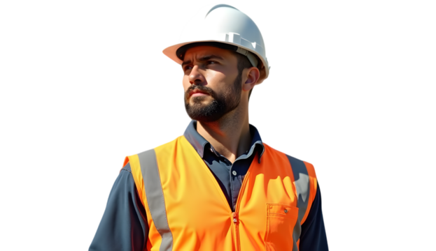 portrait of a construction worker in transparent white png background
