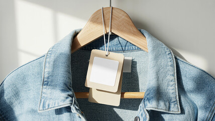 Blue denim jacket with blank hang tags on wooden hanger