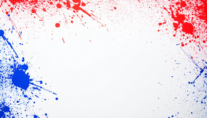 Red and blue paint splatters on white background. Vibrant, expressive, abstract energy.