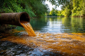 Environmental pollution problems. Discharge of wastewater and chemicals into rivers from industrial. Industrial pipe discharging chemical waste into a river.
