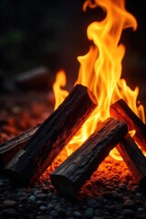 Close-up shot of vibrant flames engulfing a stack of seasoned firewood, creating a warm and inviting ambiance Perfect for themes of warmth, comfort, and the outdoors , intense, orange