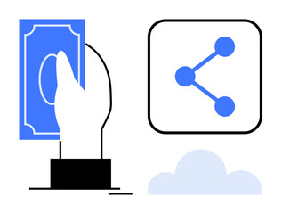 Hand holding currency bill, share icon with nodes, and cloud beneath. Ideal for finance, technology, connectivity, digital wallets, online sharing, fintech simple landing page