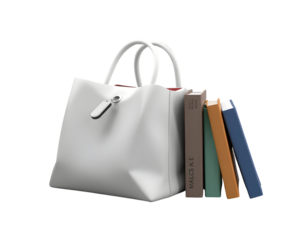 White handbag and books leaning against it