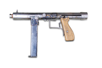 Diagonal rifle on light background, wooden stock and foregrip with grain patterns, metallic barrel...