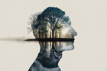 a creative image of a silhouette of a person's head with a landscape of trees and water inside. It is a visual metaphor for the mind and nature