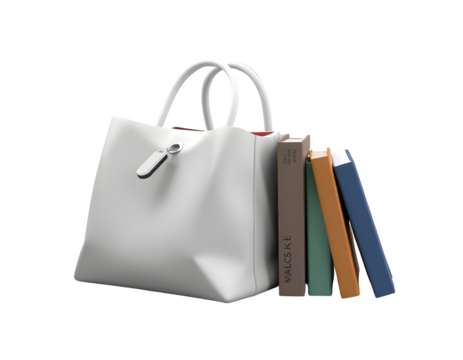 White handbag and books leaning against it