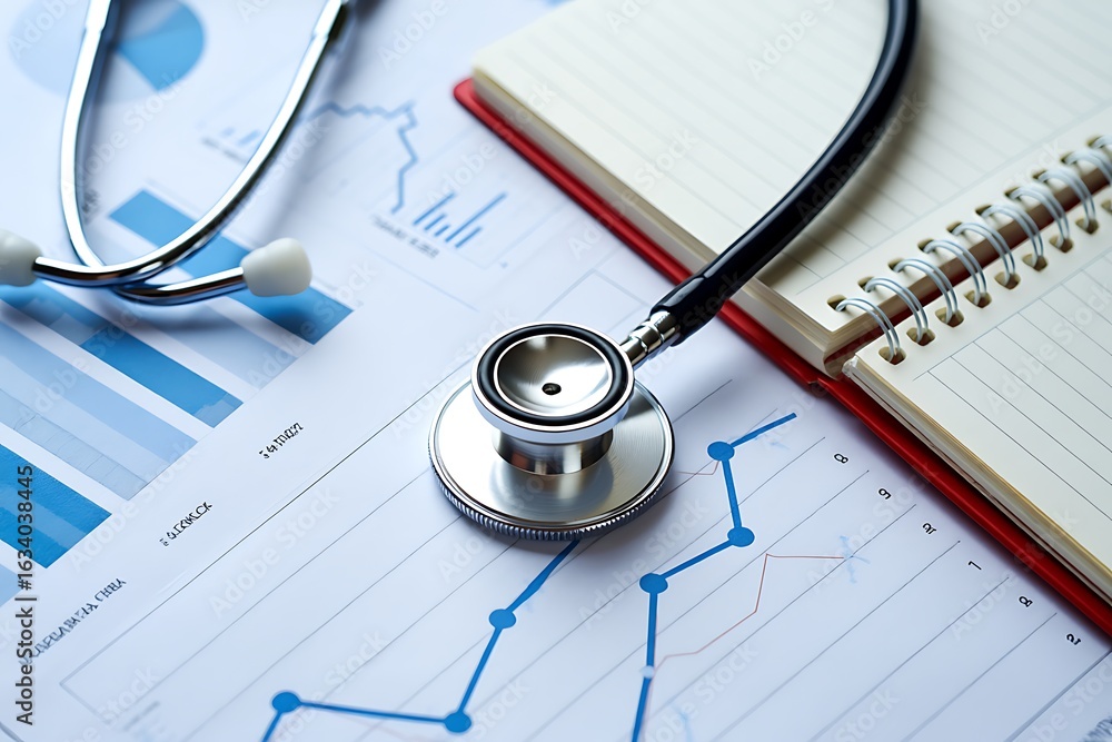 Poster close up of a stethoscope resting on medical charts and graphs next to a notebook and pen symbolizin