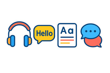 Fototapeta premium Colorful communication and learning icons representing online education concepts and tools