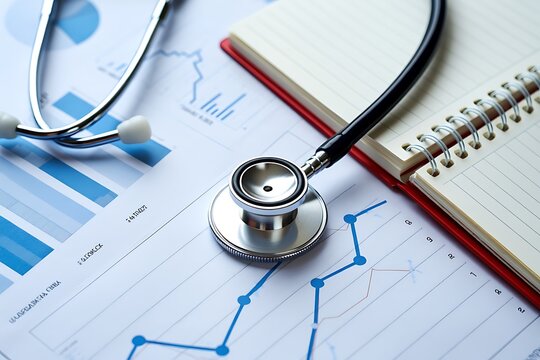 Close up of a stethoscope resting on medical charts and graphs next to a notebook and pen symbolizing healthcare analysis and research