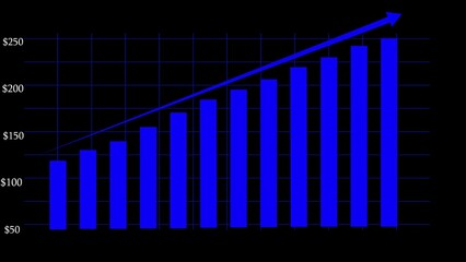 Blue Bar Graph with Upward Trend and Arrow on Black Background Showing Financial Growth