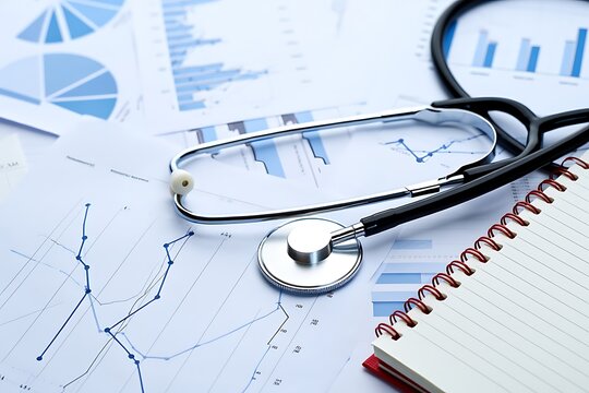 Close up of a stethoscope and eyeglasses resting on medical charts and financial reports signifying healthcare analysis and research