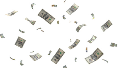 flying dollar bills in transparent white png background