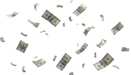 flying dollar bills in transparent white png background