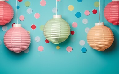 Party paper lamps on summer with a blue background. High quality