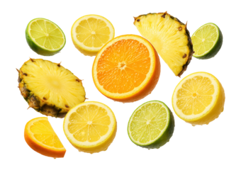 A variety of sliced citrus fruits, including orange, lemon, lime, and pineapple, are arranged in a dynamic layout on transparent background.