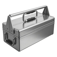 Shiny metal toolbox with handle isolated on transparent background