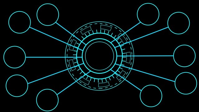 Futuristic Digital Interface with Cyan Circular Elements and Connecting Lines on Black Background