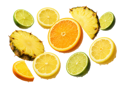 A variety of sliced citrus fruits, including orange, lemon, lime, and pineapple, are arranged in a dynamic layout on transparent background.