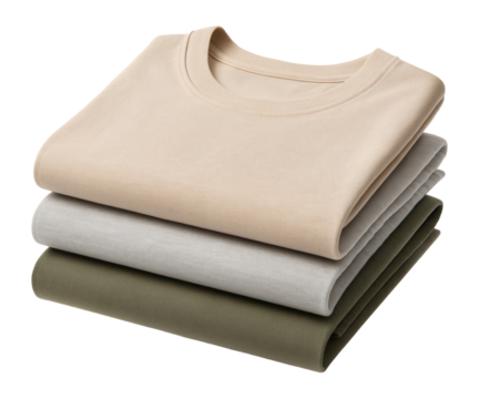 A neatly stacked set of three folded plain cotton t-shirts in beige, gray, and olive green colors on transparent background.