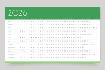 Spanish 2026 calendar. Linear planner for year. Horizontal calender template. Yearly table schedule grid. Week starts Monday. Desk timetable with 12 months. Landscape orientation. Vector illustration.