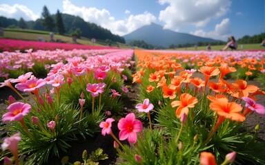 Various colored moss phlox or colorful shiba-sakura fields in shibazakura festival, Fujikawaguchiko, Minamitsuru, Yamanashi, Japan. High quality