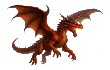 Fierce fire-breathing red dragon with detailed scales and large wings displaying an aggressive stance on transparent background.