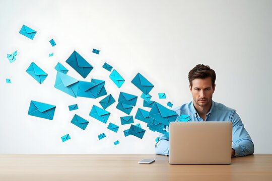 Focused businessman working on a laptop as a stream of blue digital emails flies out from his screen symbolizing communication and data transfer