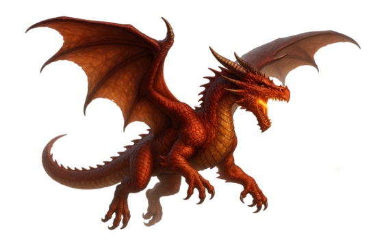 Fierce fire-breathing red dragon with detailed scales and large wings displaying an aggressive stance on transparent background. - Powered by Adobe