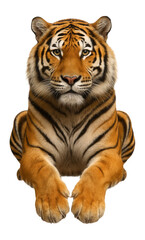 Fototapeta premium Majestic adult tiger lying down, showcasing its striking orange and black striped coat and intense gaze on transparent background.