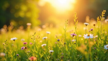 Fototapeta premium Golden sunlight bathes a vibrant summer field, wildflowers swaying gently in the breeze A tranquil scene of nature's beauty, perfect for idyllic backgrounds or summer themes , hay, flowers