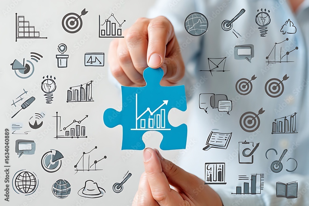 Poster hands holding a blue puzzle piece with a financial growth chart surrounded by various business and s