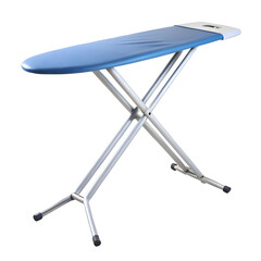 A blue ironing board with a metal frame and legs, isolated on a white background, ready for laundry and garment care