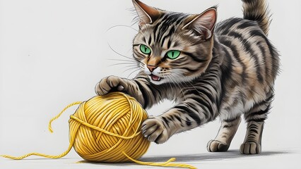 Fluffy Cat Playing with Colorful Yarn in Studio Light.