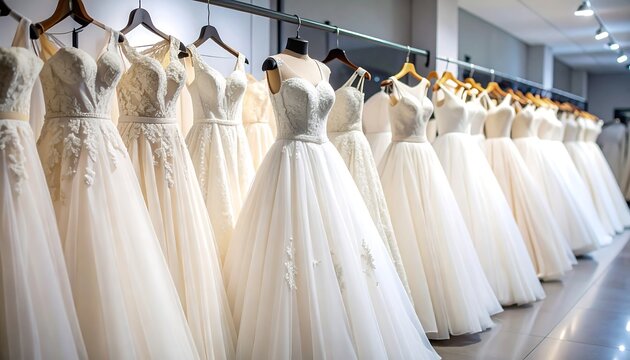 Rows of wedding gowns on hangers - Powered by Adobe