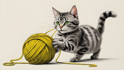 Playful Kitten Interacting with Yellow Yarn Toy Indoors.