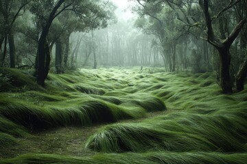 Misty forest path, lush green grass