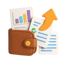 financial benefits budget optimization concept. Wallet with financial documents and an upward arrow graphic.