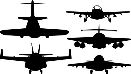 &ldquo;Collection of aircraft silhouettes in solid black, viewed from multiple angles (front, side, top), displayed in a neat grid layout on a white background, each silhouette highlighting the unique shape