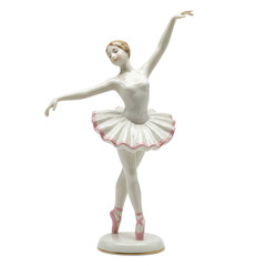 Graceful porcelain statuette of a dancing ballerina in a white tutu and pink pointe shoes