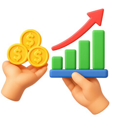 financial benefits budget optimization concept. Hands holding coins and a growth chart.
