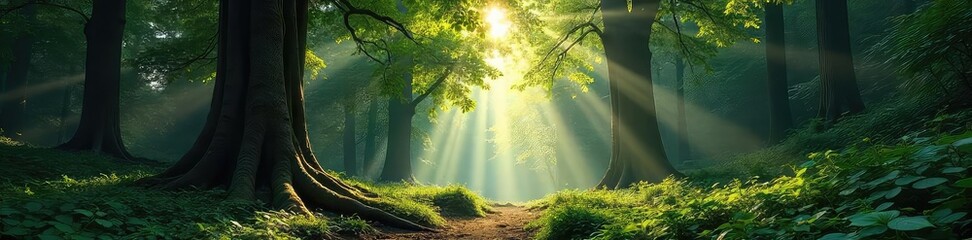 Majestic ancient forest trees stand tall, sunlight dappling through leaves creating a magical atmosphere Perfect for nature, ecology, and environmental themes , habitat, organic, woodland