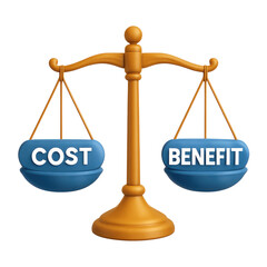 financial benefits budget optimization concept. A balance scale featuring cost and benefit labels.