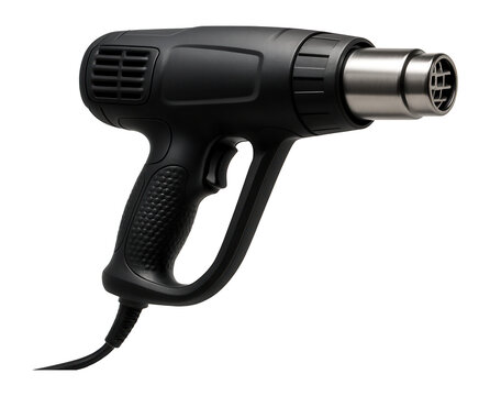 Professional black heat gun with ergonomic grip and metal nozzle, ideal for industrial and home use on transparent background.