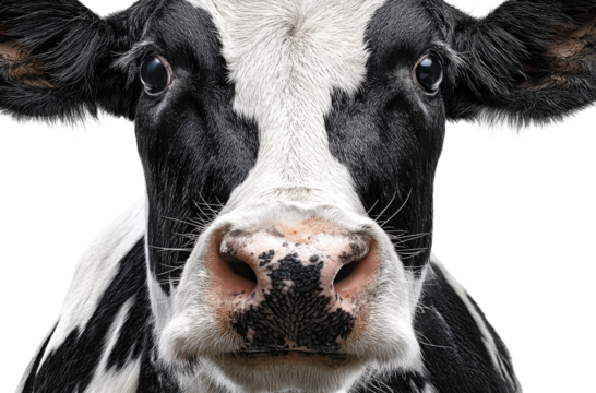 Close-up of a cow's face.  Black and white markings.  Intense gaze.  Focused expression.  Detailed nose.  Isolated on black