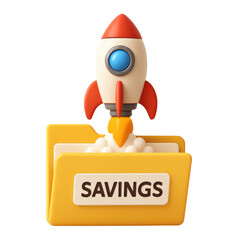 financial benefits budget optimization concept. Rocket launching from a folder labeled Savings.