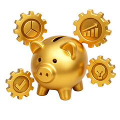 financial benefits budget optimization concept. Golden piggy bank with gears representing financial growth and investment.