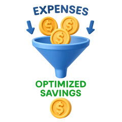 financial benefits budget optimization concept. A funnel with coins representing expense management and savings.