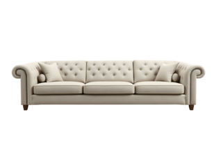 Elegant Three-Seater Cream Sofa with Tufted Back and Rolled Arms