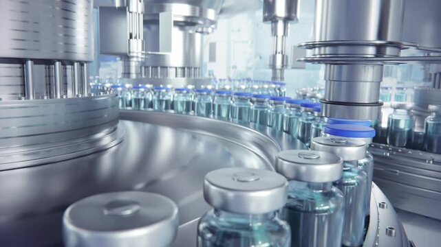 Factory for the production of medical drops or insulin or ampoules for injections. Line for packaging bottles with saline or vaccine. 3d render animation looped
