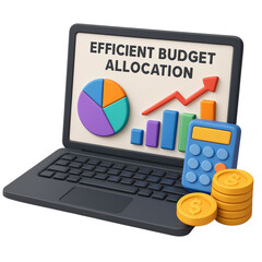 financial benefits budget optimization concept. Efficient budget allocation on a laptop with charts and coins.